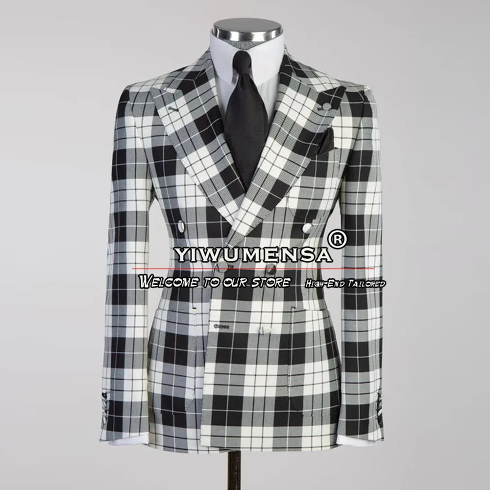 Classic White Black Plaid Suits Men Tailore Made Double Breasted Blazer Formal Business Office 2 Pieces Groom Tuxedos Bespoke