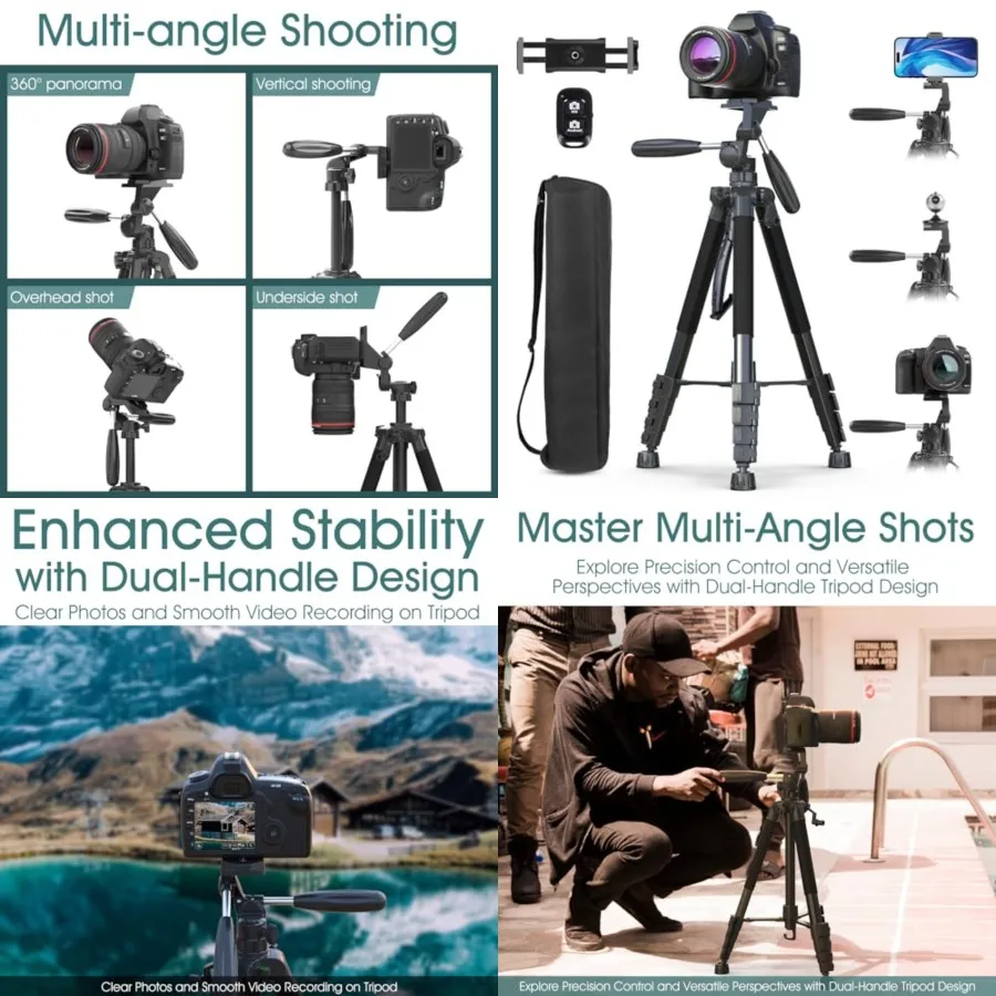 

74" Camera Tripod with Phone Holder and Remote, Heavy Duty Tripod Stand with Portable Bag for Phone and Camera, Compatible with DSLR Cameras, Cell Phones, Spotting Scopes and Binoculars