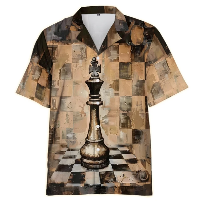 

Рубашка Мужская/Женская с 3D-принтом, модная однобортная Гавайская блузка с лацканами, с короткими рукавами, с принтом в виде игры шахматы