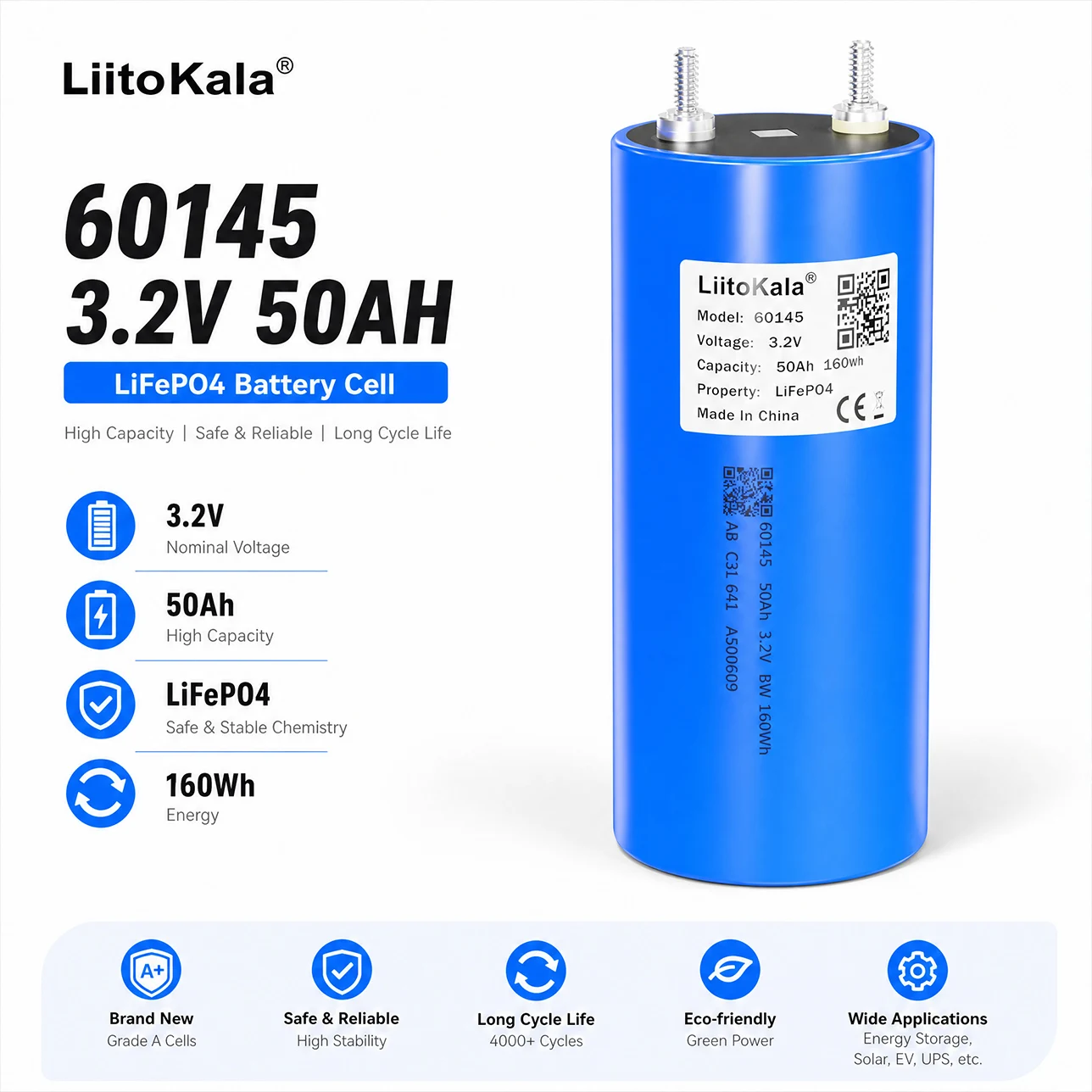 LiitoKala 3,2 V, 50 Ah, 60145, cylindryczna bateria LiFePO4, klasa A, litowo-żelazowo-fosforanowa, duża pojemność, do głębokiego rozładowania, wielokrotnego ładowania, do samodzielnego montażu, do