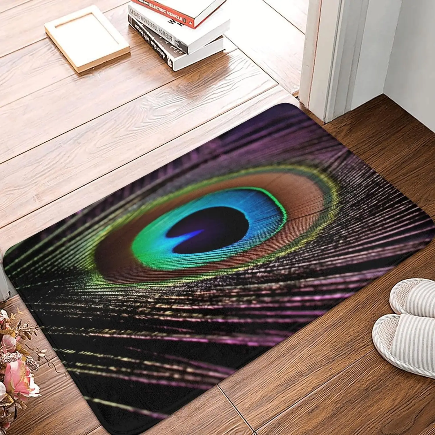 Colorful Peacock Feather Eye Door Mat, Abstract Nature Pattern Floor Mat Vibrant Bird Print Entrance Rug Non-slip Washable Home