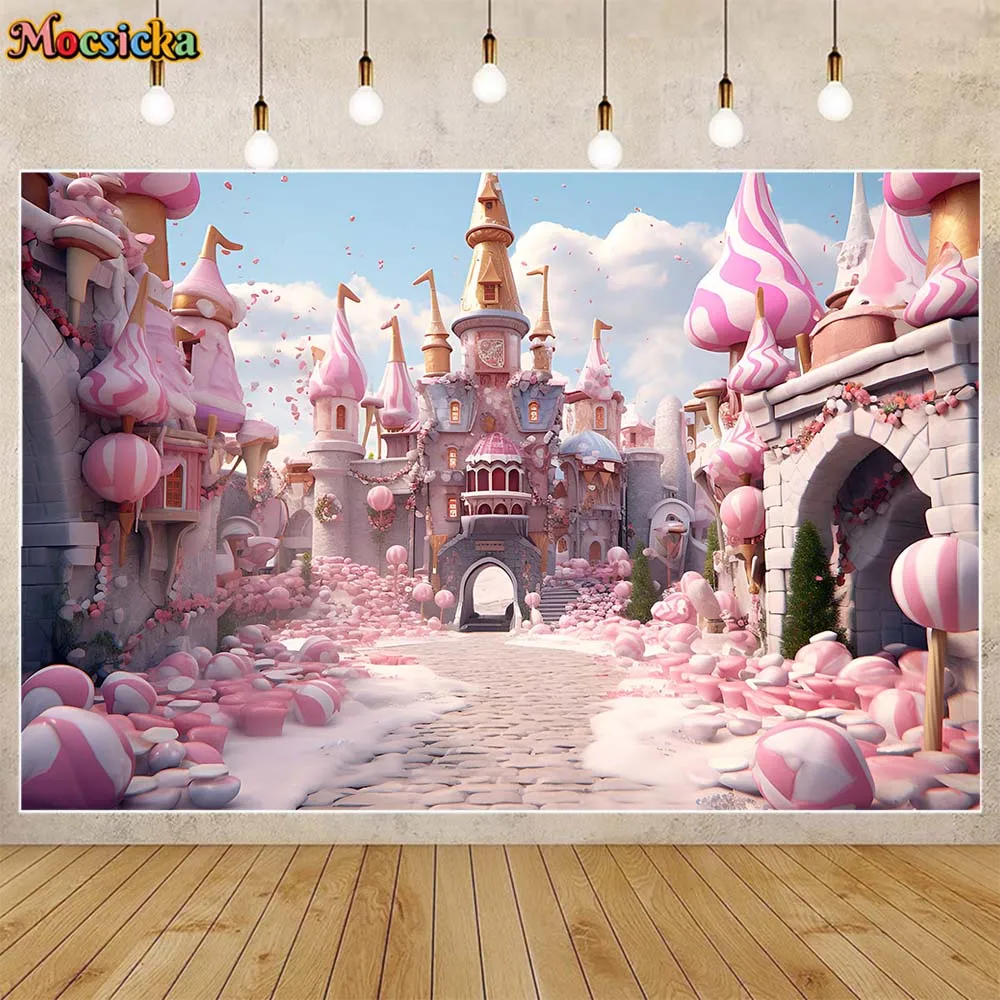 

Mocsicka Pink Candyland Castle Cartoon Photography Background Girl Birthday Party Decor Backdrop Photo Studio Photoshoot Props