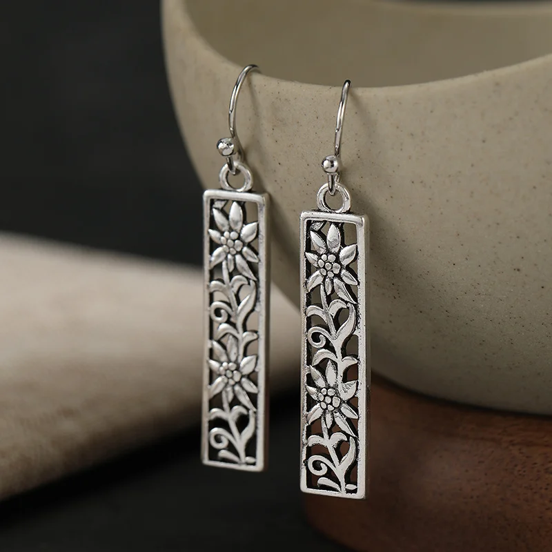 Rectangular Hollowed Out Flower Vine Women's Earrings Retro Antique Forest Style Silver Plated Dangle Earrings Trend Jewelry