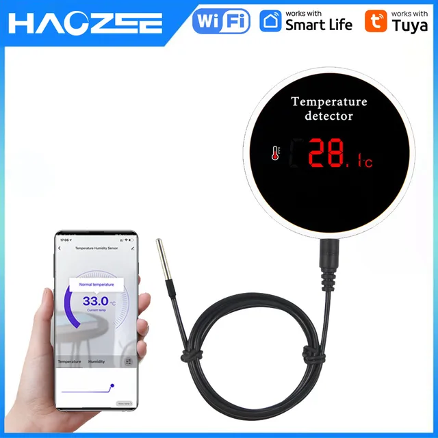 Inteligentny termometr WIFI Haozee Tuya z zewnętrzną sondą temperatury, ładowaniem USB lub akumulatorem