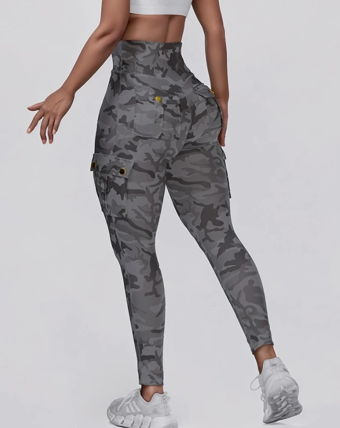 Camouflage-Druck, hohe Taille, dünne Knopf-Leggings mit Tasche, Freizeithose, 2025, modische Damenhose, elegante weibliche Hose