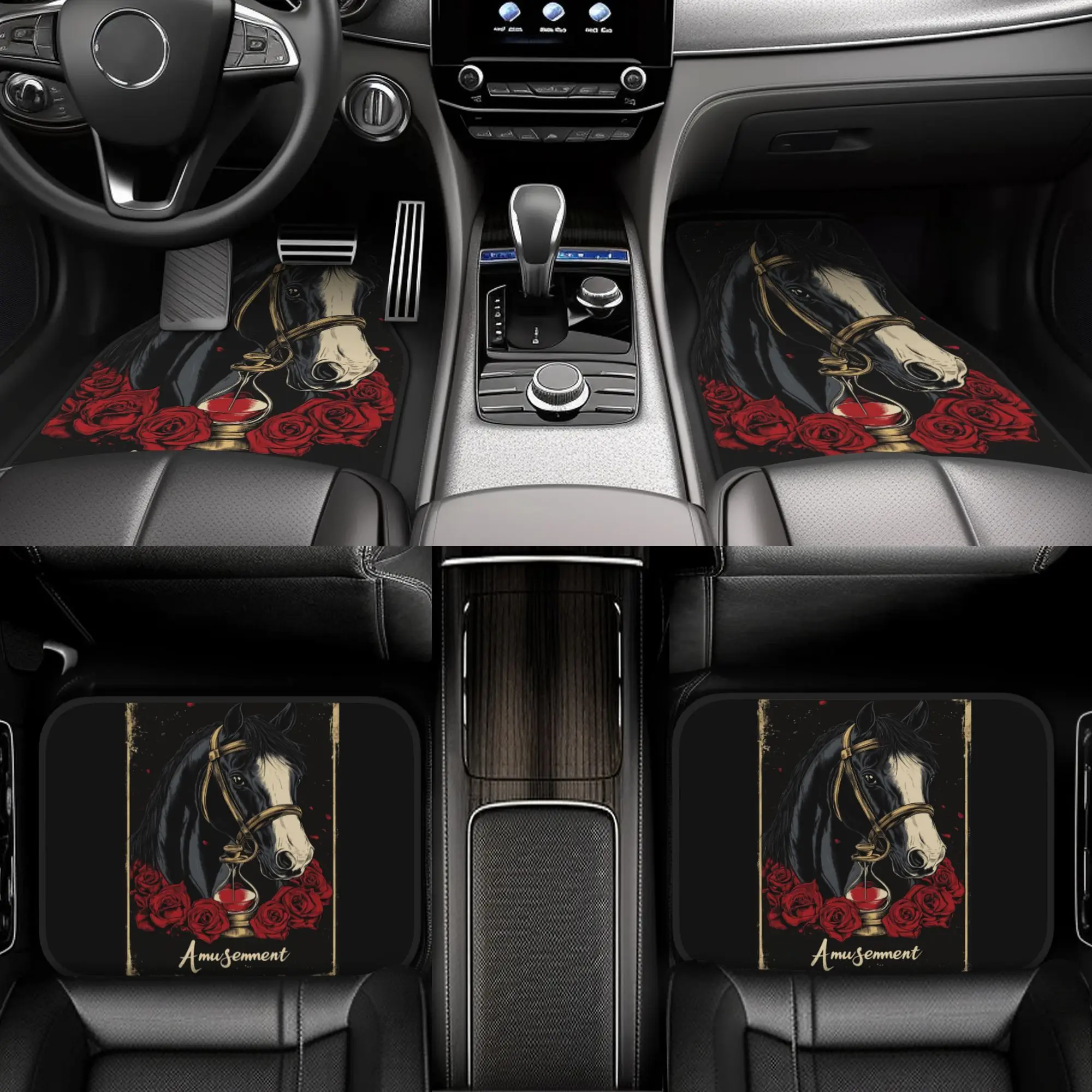 

4pcs Rose Flower Horse Racing Pattern Design Car Mats Easy To Clean Washable Interior Accessories Stylish Car Interior, Holiday