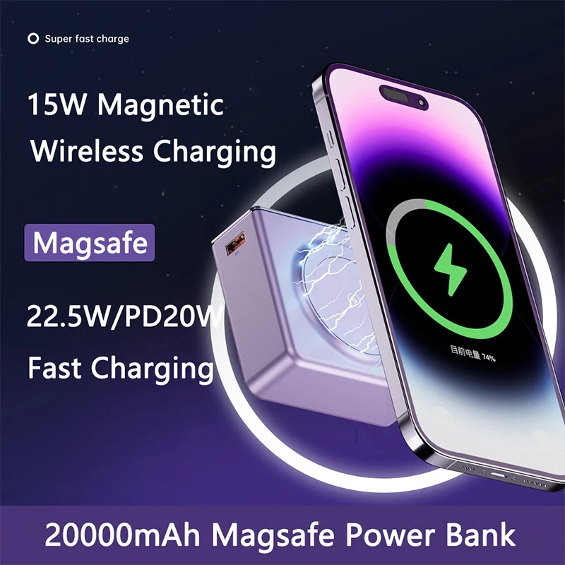 20000mah magsafe power bank magnético sem fio 22.5w carregador rápido para iphone 16 15 14 xiaomi samsung powerbank com tela de toque