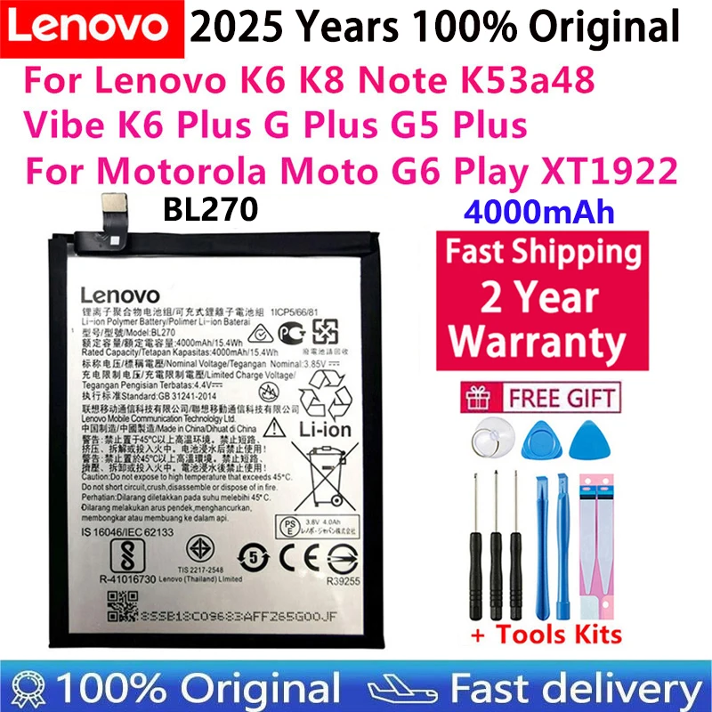 100% Original For Lenovo K6 K8 Note K53a48 Vibe K6 G G5 Plus 4000mAh BL270 Battery For Motorola Moto G6 Play XT1922 Bateria