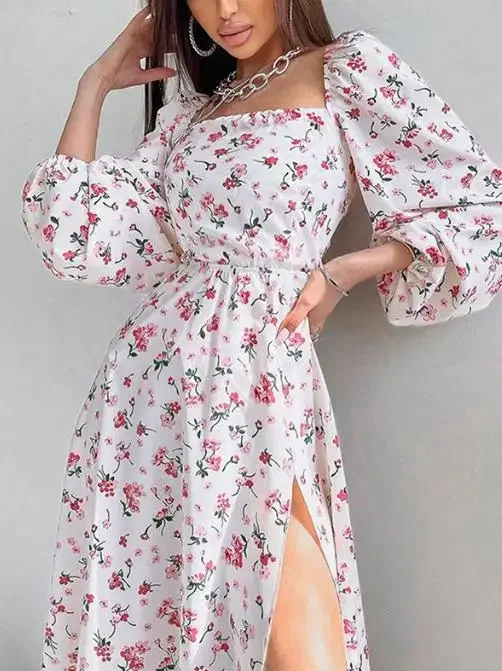 

Elegant Women's Dress 2023 New Summer Square Collar Lantern Sleeve Floral Sexy Slit Tie Backless High Waist Mid-Length Dress