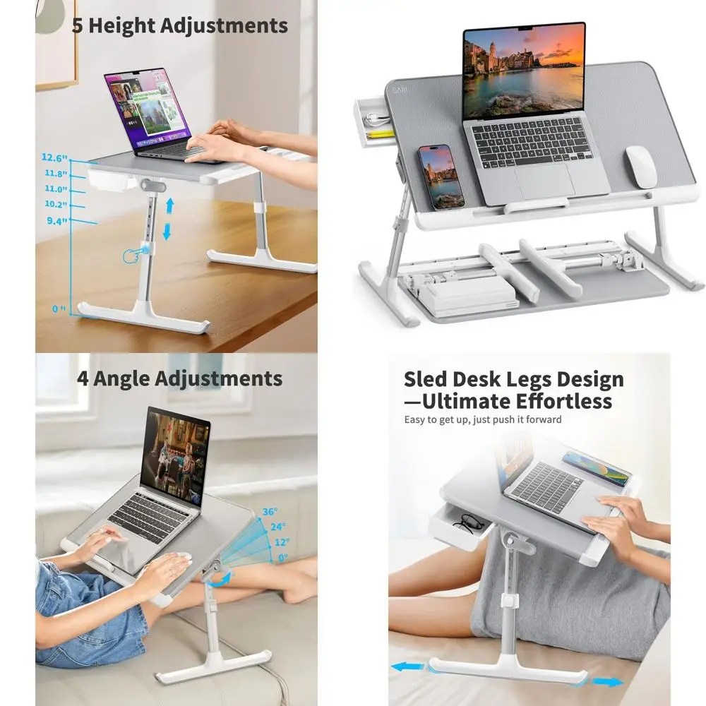

Laptop Bed Tray Table, Adjustable PVC Leather Laptop Bed Table, Portable Standing Desk with Storage Drawer, Foldable Lap Tablet