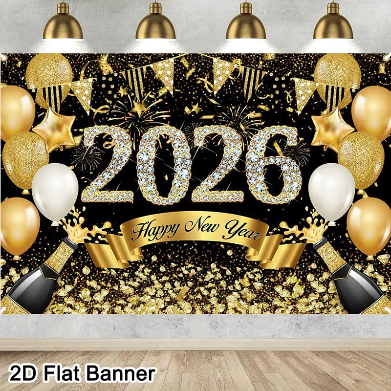 Banner de fondo de Año Nuevo de oro negro 2026, decoración de fondo para fiesta de Navidad de Feliz Año Nuevo, regalos, suministros para fiesta de año nuevo