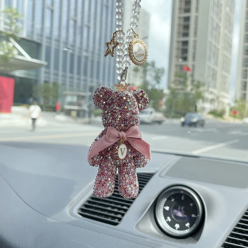 

Cartoon Diamond Crystal Bow Bear Car Pendant Mirror Hanging Ornaments Bling Car Interior Decoration Women Men Auto Accessories
