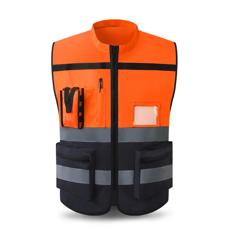 High Visibility Zipper Front Safety Vest With Reflective Strips Bicycle and Motorcycle Riding Safety Clothing Multi-Pockets