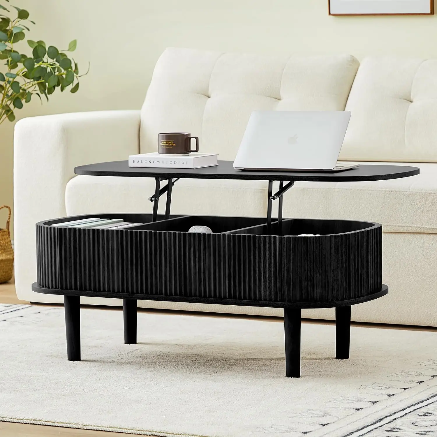 Fluted Lift Top Coffee Table Hidden Compartment Wooden Center Table Modern Oval Tabletop Living Room Office Black, Customized