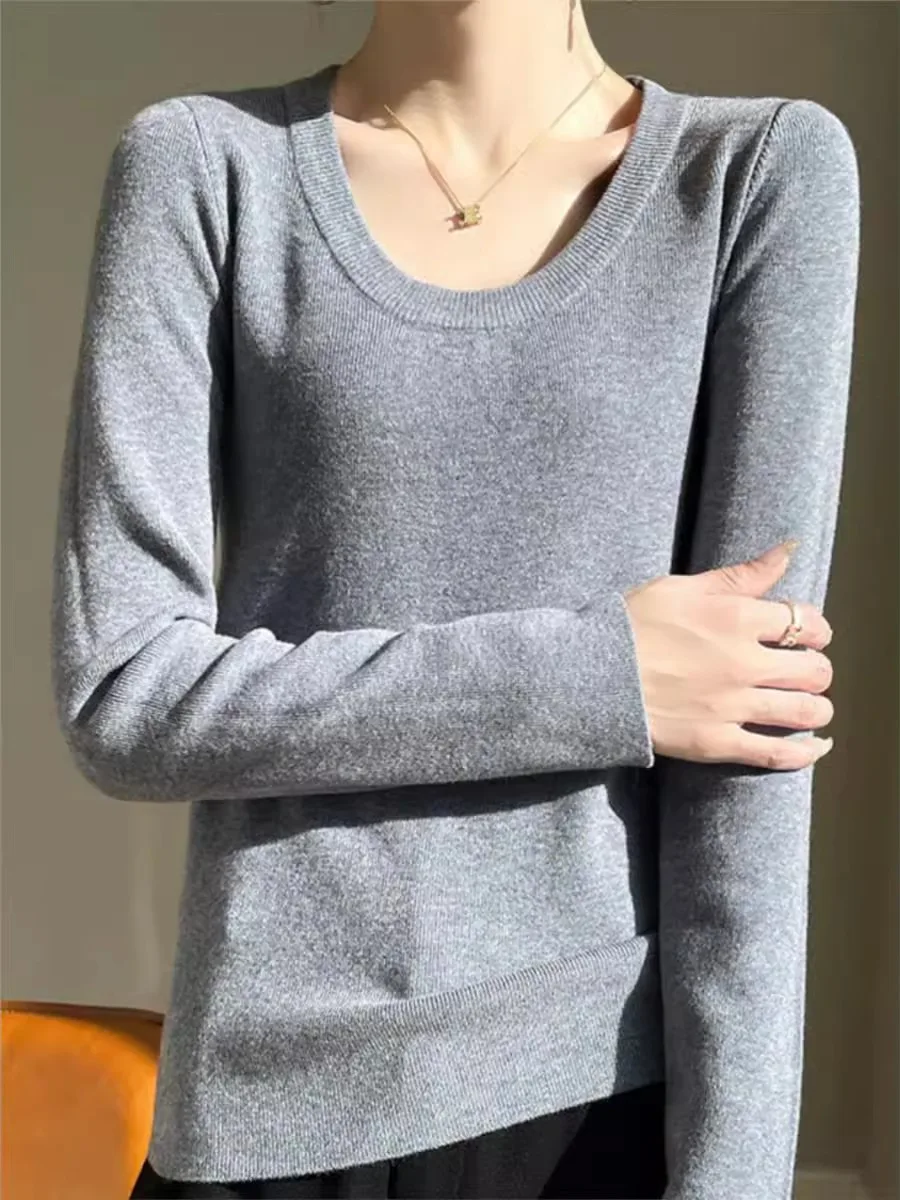 Чистый цвет, круглый Ne Slim Fit Base irt, женский осенний свитер 2024, эластичный сексуальный свитер в рубчик с обнаженной ключицей