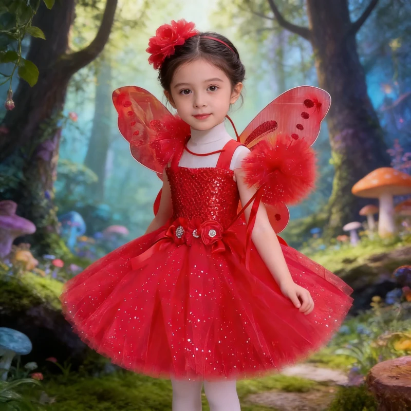 Red Sequin Fairy Princess Girls' Dress, Princess‑Style Ballet Tulle Skirt, Kids' Performance Outfit for Christmas and New Year