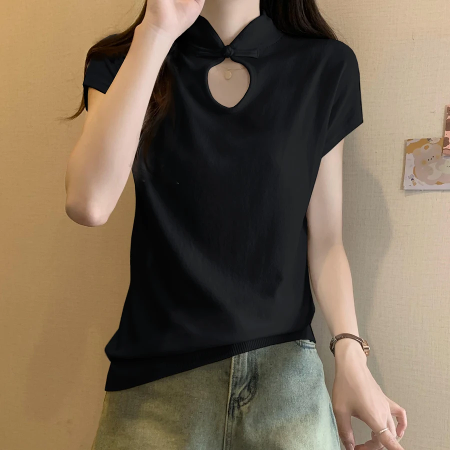 여성용 니트 스웨터 신상 반팔 니트 스웨터 여성용 풀오버 스탠드 칼라 니트 스웨터 풀오버 여성용 상의 니트웨어 Q2744