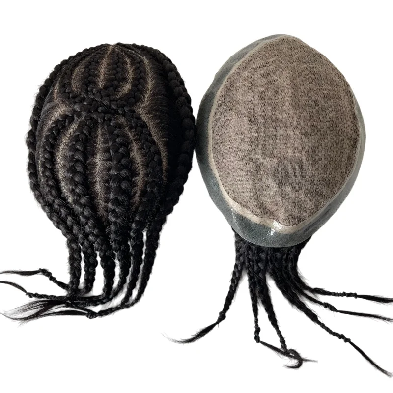

Бразильские системы натуральных человеческих волос No 8 Cornrow Braids # 1B Черный шелковый парик 8x10 для европейских мужчин