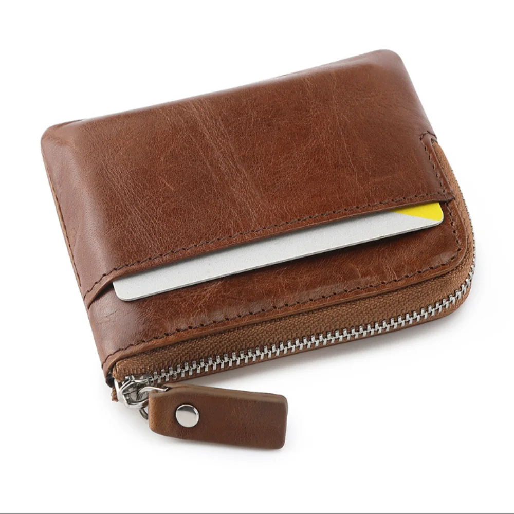 Vintage Genuine Leather Wallet Top Layer Cowhide Men's Key Bag Coin Purse Small Handbag Credit Card ID Holder Zipper Mini Wallet