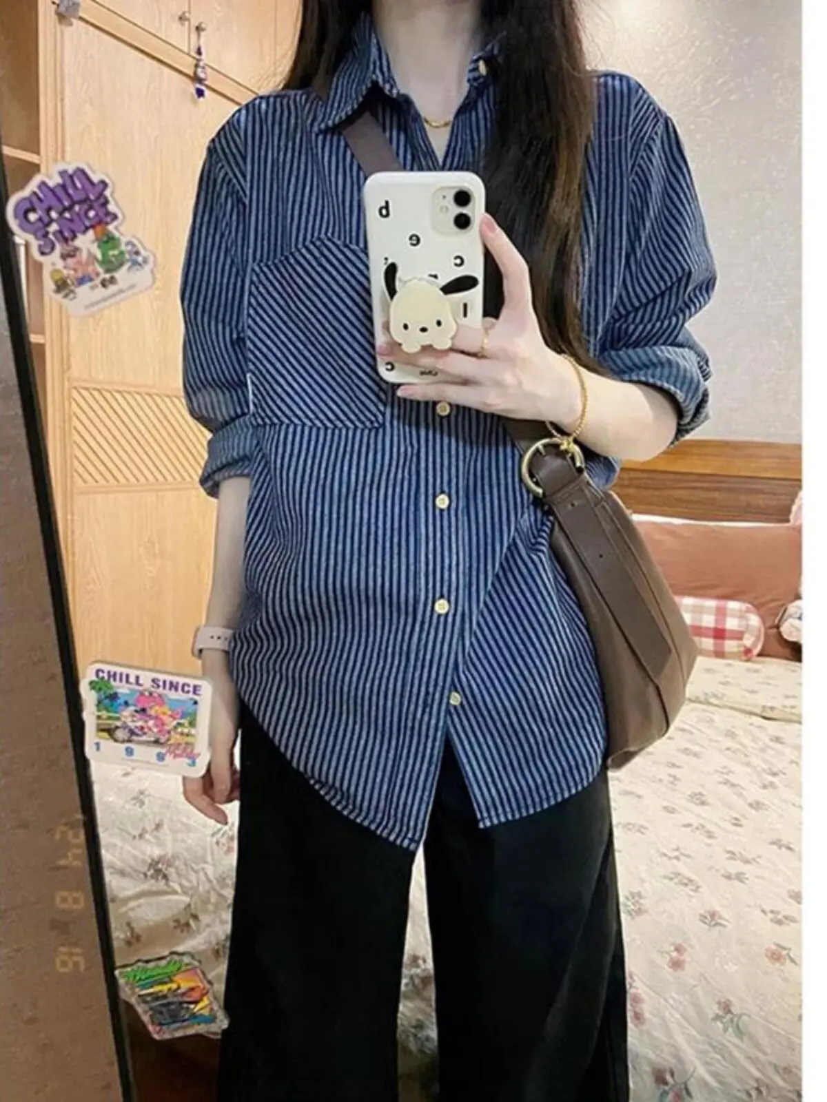 

Retro American Blue Striped Women's Shirt Loose Casual Early Spring Outerwear Top Trendy Small Size UV Protection Collar