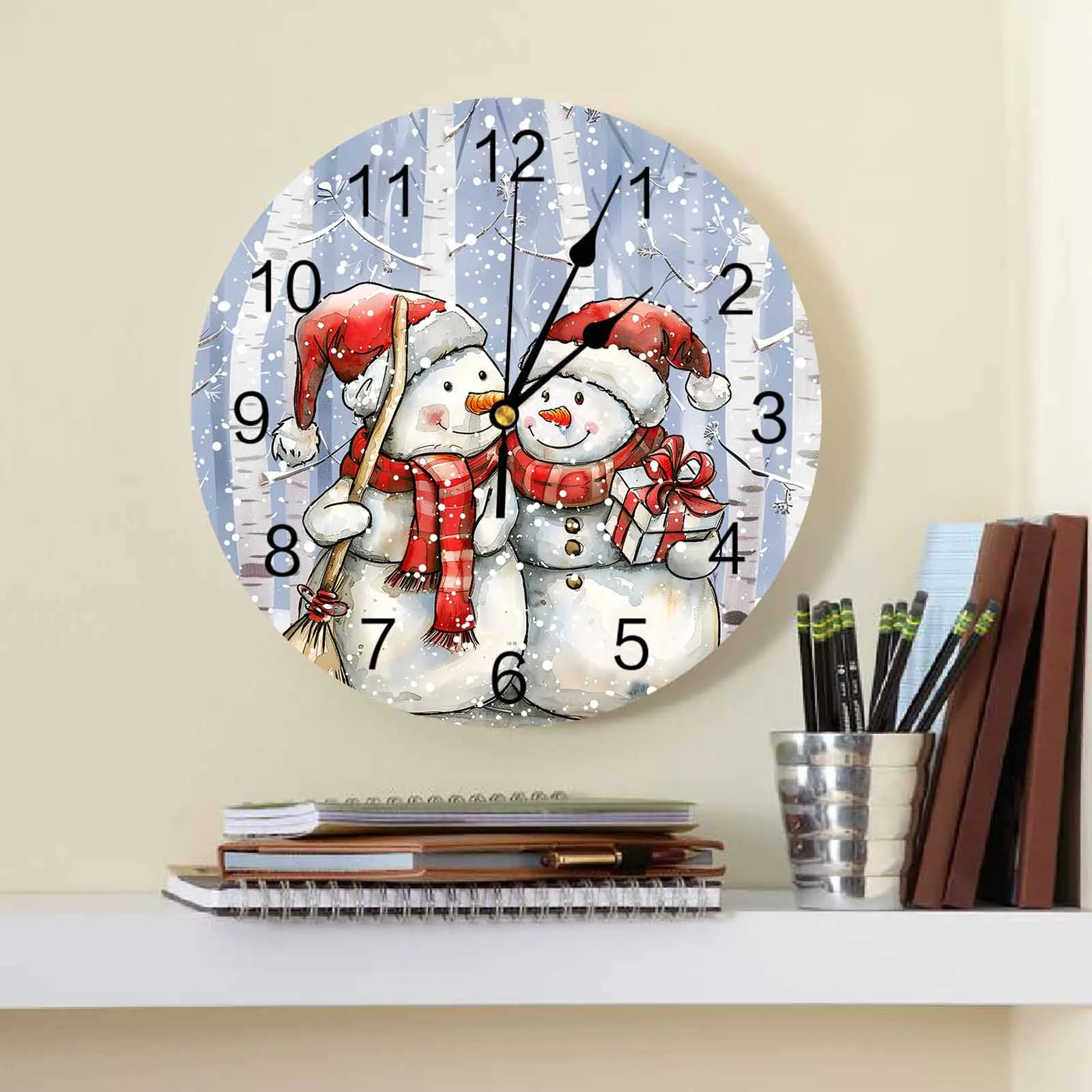 Christmas Snowman Snowflake Retro Pine Tree Printed Wall Clock Modern Silent Clock Living Room Home Decor Wall Hanging Watch