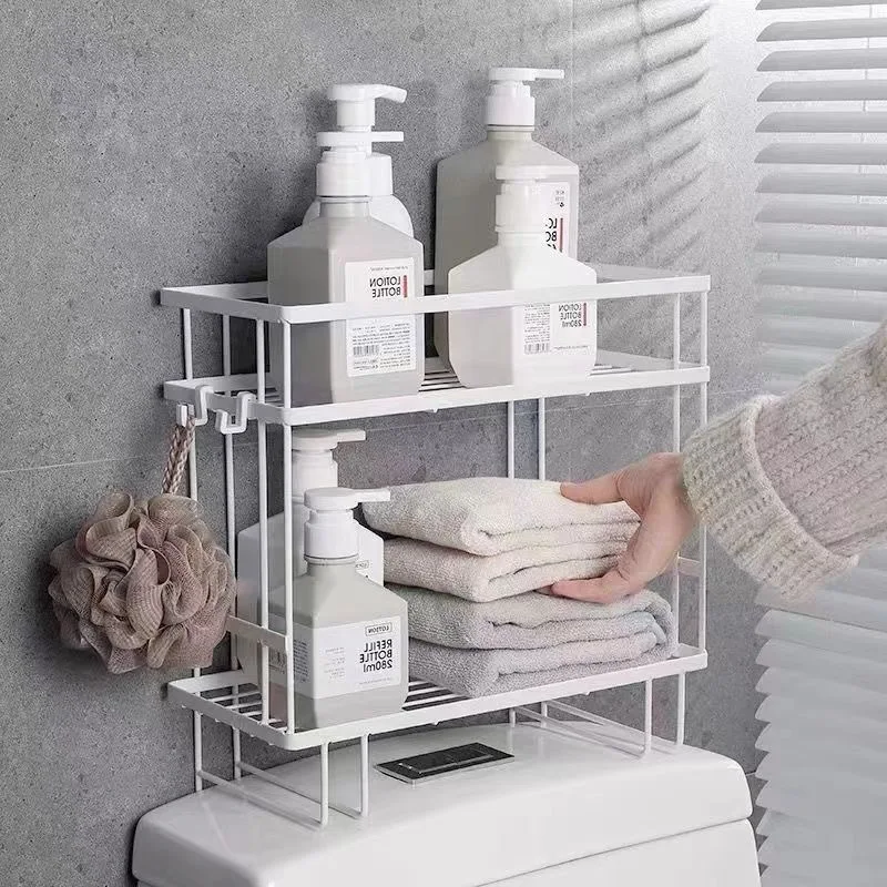 1/2-stöckiges Bohrfreies Toiletten-Aufbewahrungsregal Wandmontage-Regal Platzsparender Organizer für Shampoo, Handtücher, Kosmetik Badezimmer-Aufbewahrung