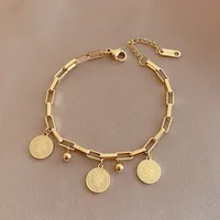 1PCS Gold-color Bracelet Ladies Hip Hop Style Stainless Steel Round Sign Portrait Pendant Wide Cross Chain Jewelry Accessories
