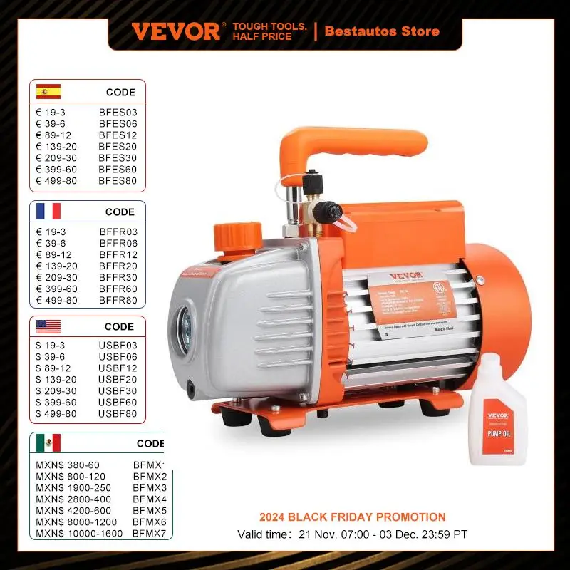 VEVOR 1&2 Stage Vacuum Pump 3.5/5/7CFM AC120V Air Conditioning Conditioner Vacuum Pump for HVAC Repair Refrigeration Maintenance