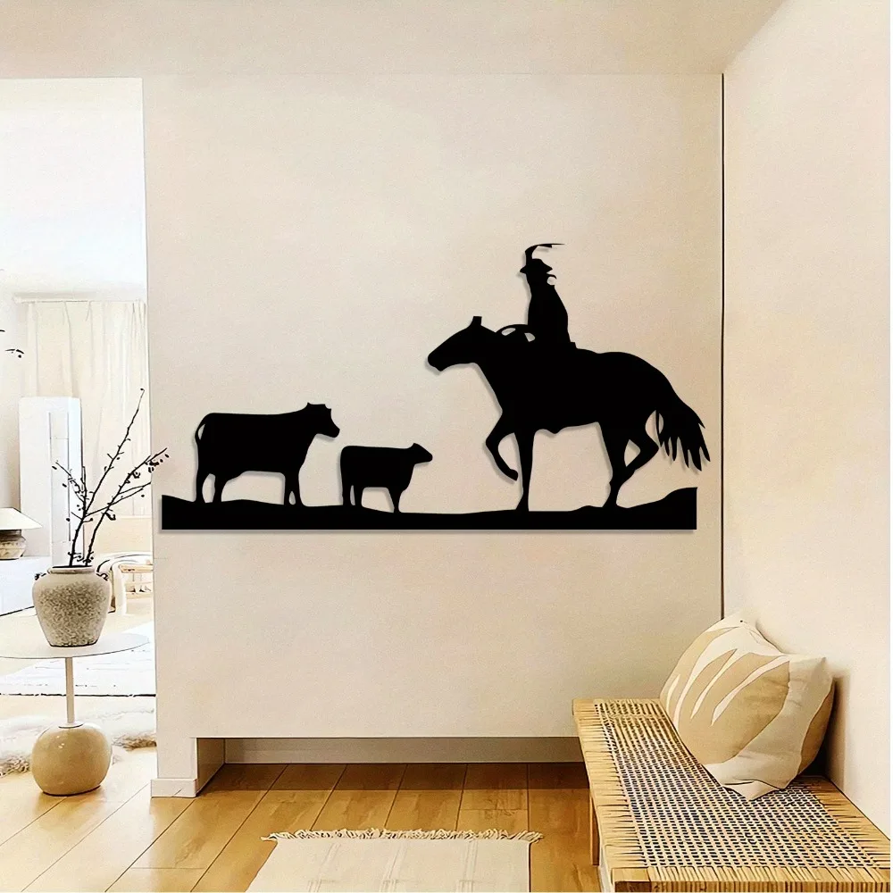 CIFBUY Iron Wall Art Vintage Cowboy Horse Metal Sculpture Rustproof Hanging Plaque Home Decor Ornament Accent