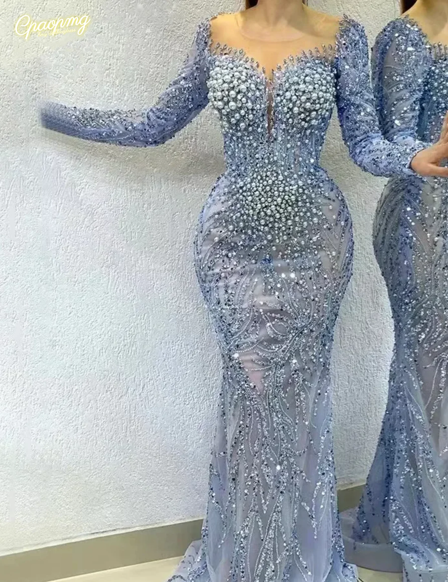 

Элегантное вечернее платье с длинными рукавами по индивидуальному заказу для женщин, роскошное вечернее платье с бисером и круглым вырезом, кружевное платье русалки с жемчугом, свадебное платье