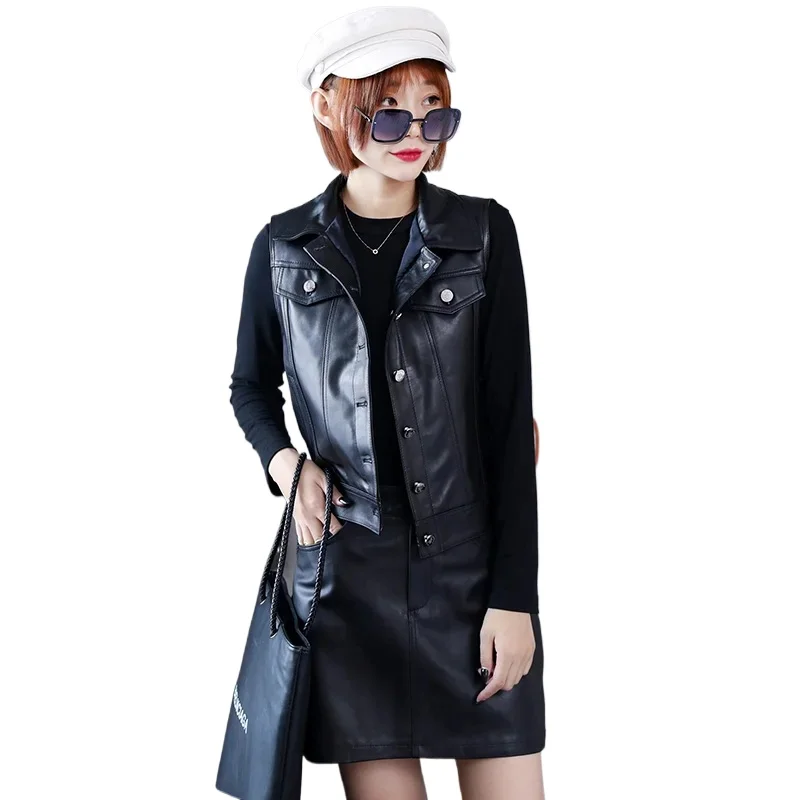 Real Leather Women's Skirt Sets High Quality Genuine Sheepskin Leather Tank Jackets Women Female Mini Skirts Ropa Mujer Zjt2552