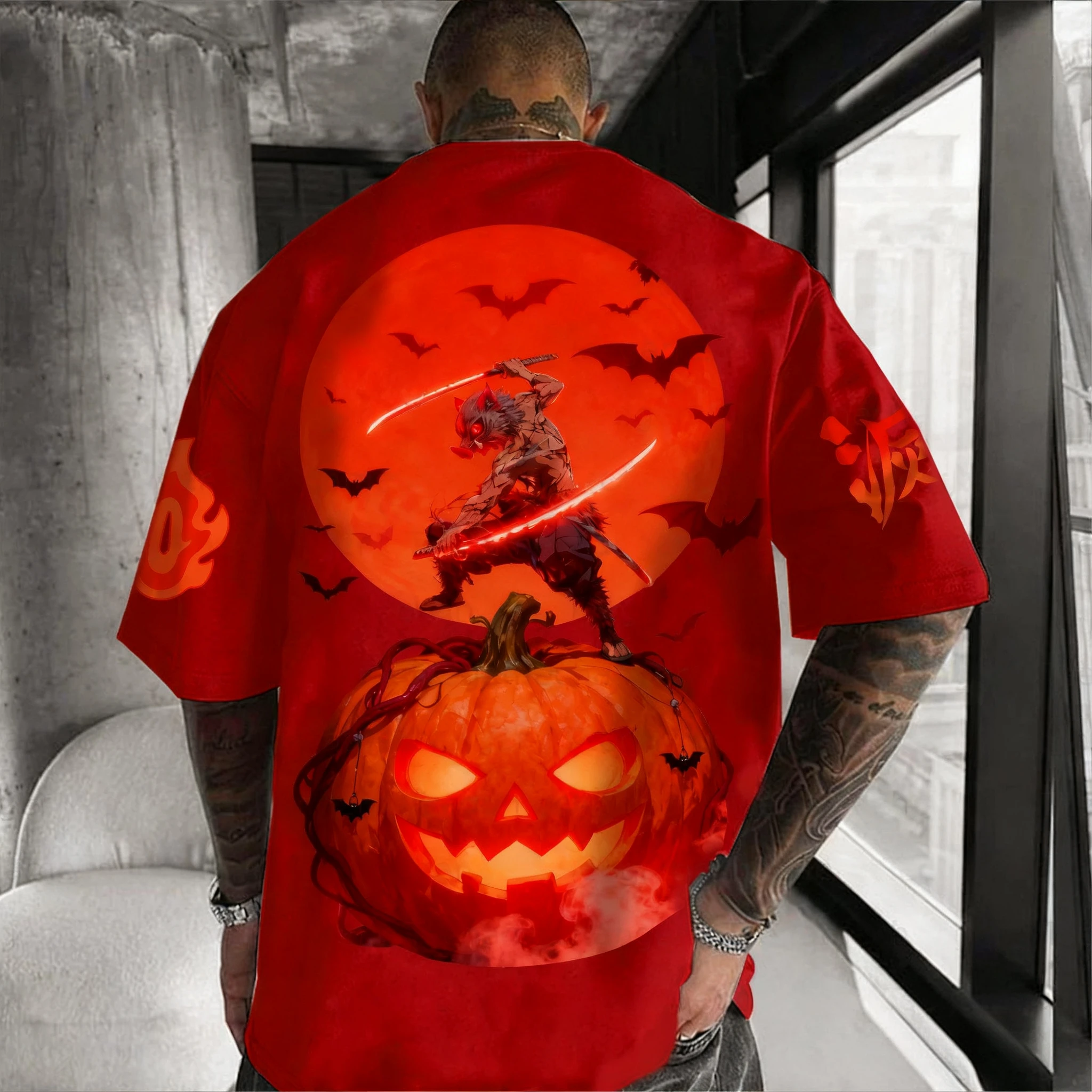 

Demon Slayer Хэллоуин футболка больших размеров мужская летняя новая аниме тыква голова принт повседневный свободный топ с короткими рукавами для родителей и детей