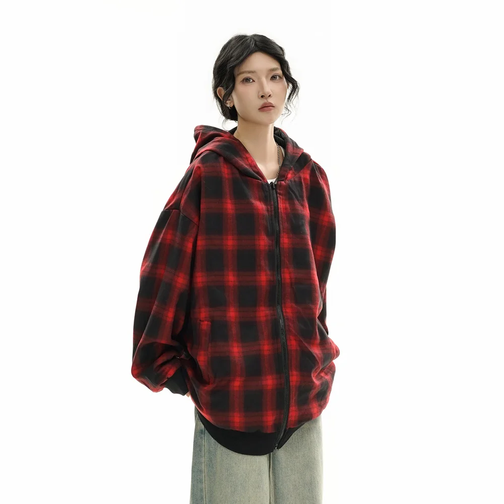 Double Side Wearable Hooded Sweatshirt Jacket Men Women Streetwear Fashion Loose Casual Hoodie Coat Plaid Hoody Jacket Outerwear