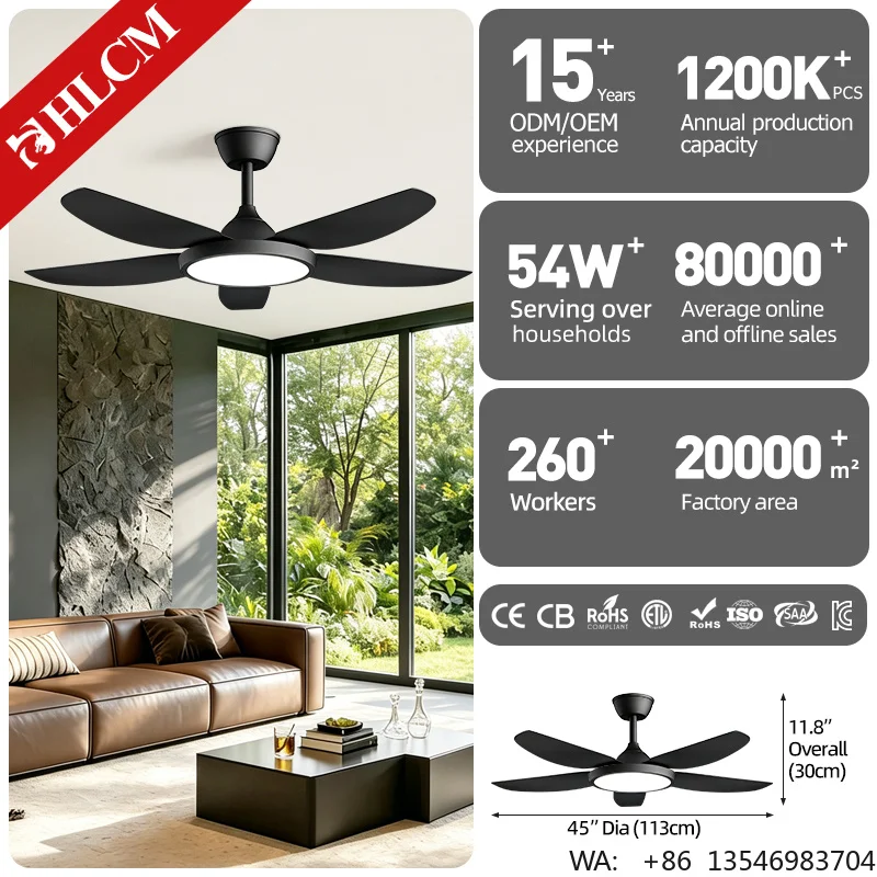 All Black Ceiling Fan LED Modern Six-Speed DC Motor 45/50 Inch Remote Control Full Spectrum Ra90 3-Blade 29dB Mute Super