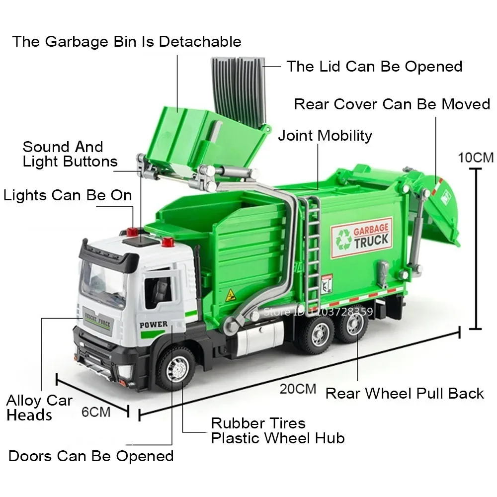 1:32 Garbage Recycling Truck Sweeper Car Model Toy Music Light Pull Back Sanitation Engineering Vehicles Holiday Celebrations