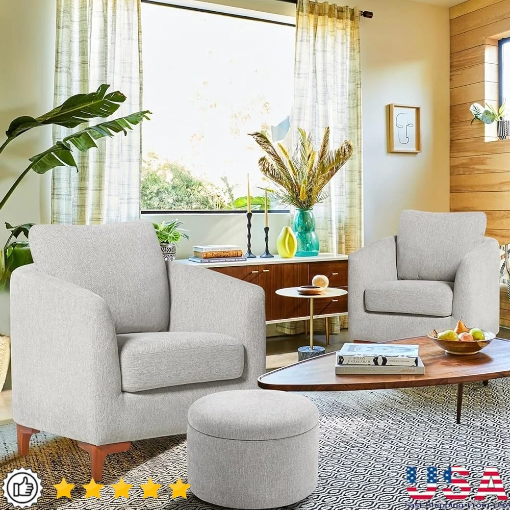 

Accent Chairs Ottoman Set of 2 Upholstered Fabric Living Room Armchair with Back Pillow Wooden Legs Reading Relaxing