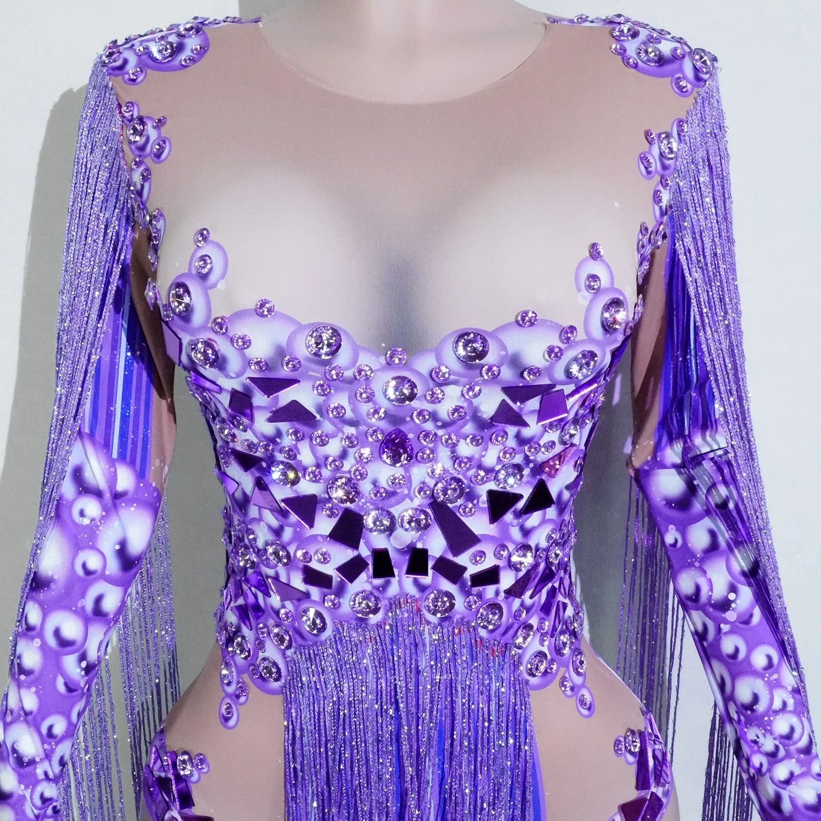 Sexy viola frange strass tuta abiti spettacolo teatrale festa di compleanno club drag queen costume discoteca danza latina
