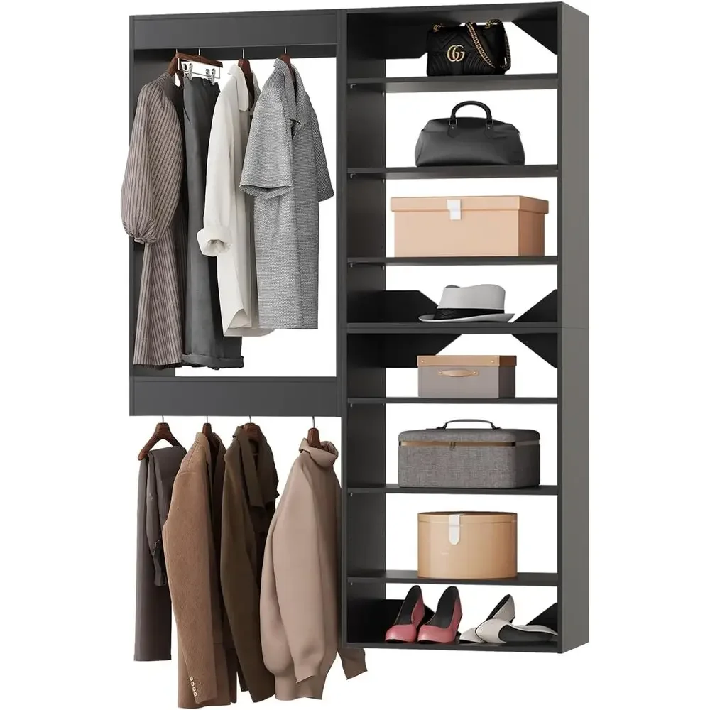 

43 Wall-Mounted Wooden Closet Organizer with Hanging Rods and Shelves for Tower or Walk-In Wardrobe Storage, Black