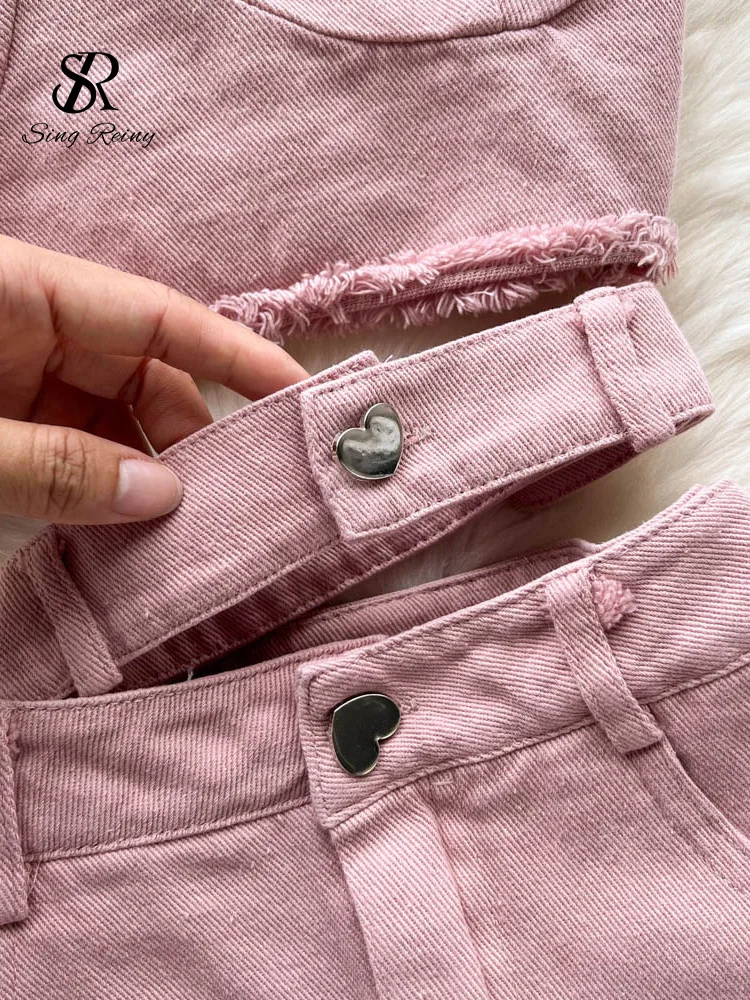 Imagem -04 - Babyoung-conjunto Jeans de Duas Peças para Mulheres Top sem Costas Saia com Zíper e Faixas Saia Irregular sem Alças Rosa Bolso de Botão