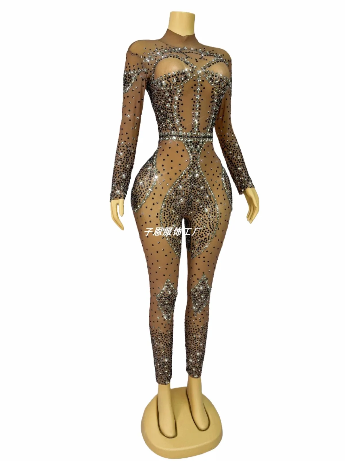 Sparkly rhinestone sexy mesh romper girl singer party night dance costume