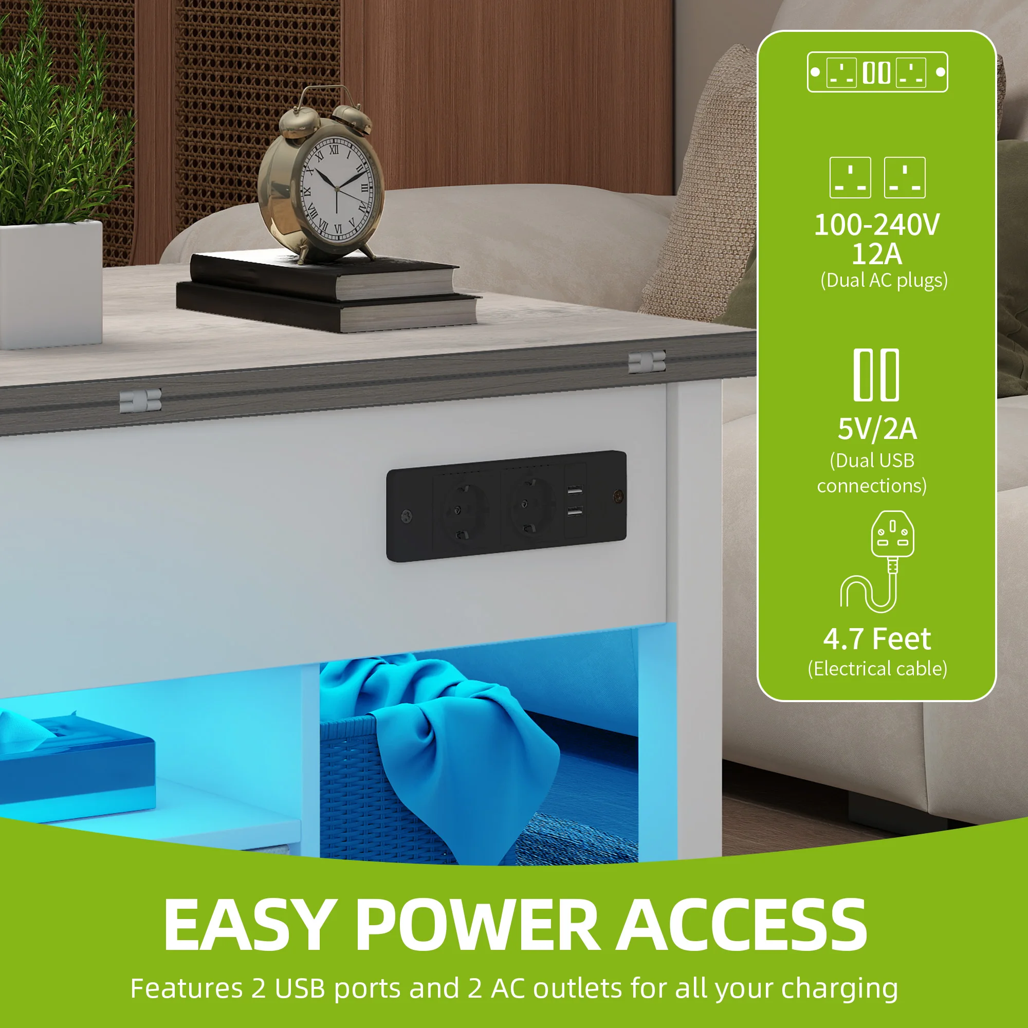 طاولة قهوة YITAHOME باللونين الأبيض والرمادي 4 في 1 - ارتفاع قابل للتعديل، تتحول إلى طاولة الطعام مع مساحة تخزين وإضاءة LED