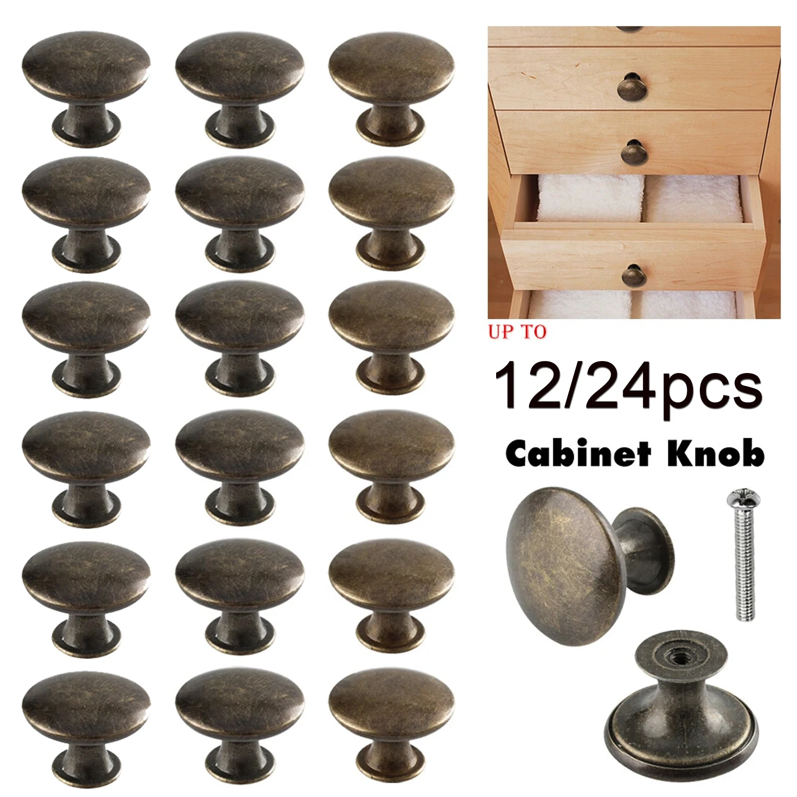 24/12pcs Antique Bronze Kitchen Cabinet Knobs Handle Pulls 30mm Vintage Round Drawer Knob Pulls for Dresser, Cupboard, Bathroom