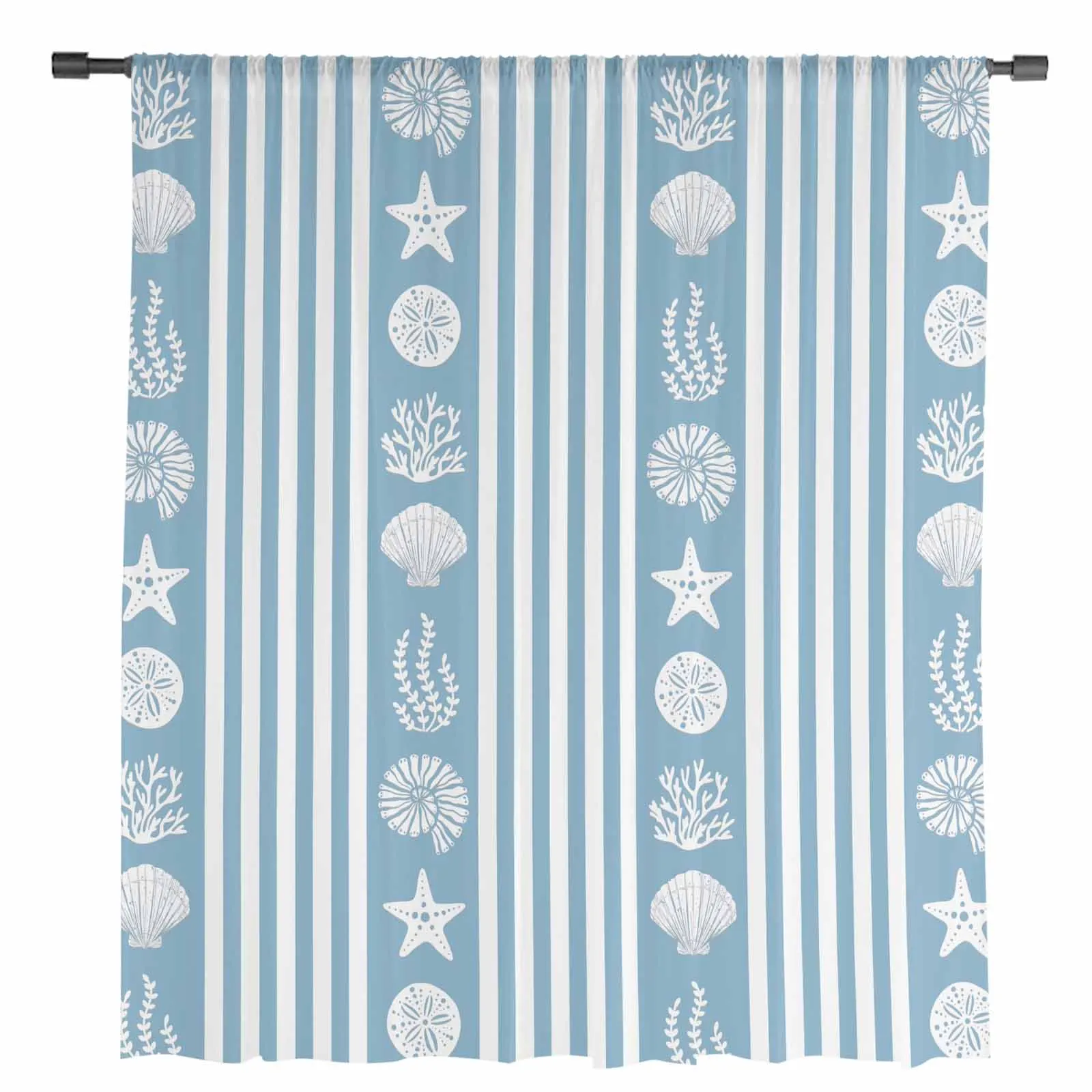 Ocean Striped Starfish Shell Jellyfish Coral Conch Blue Sheer Curtains Living Room Window Curtains Kitchen Tulle Voile Curtains