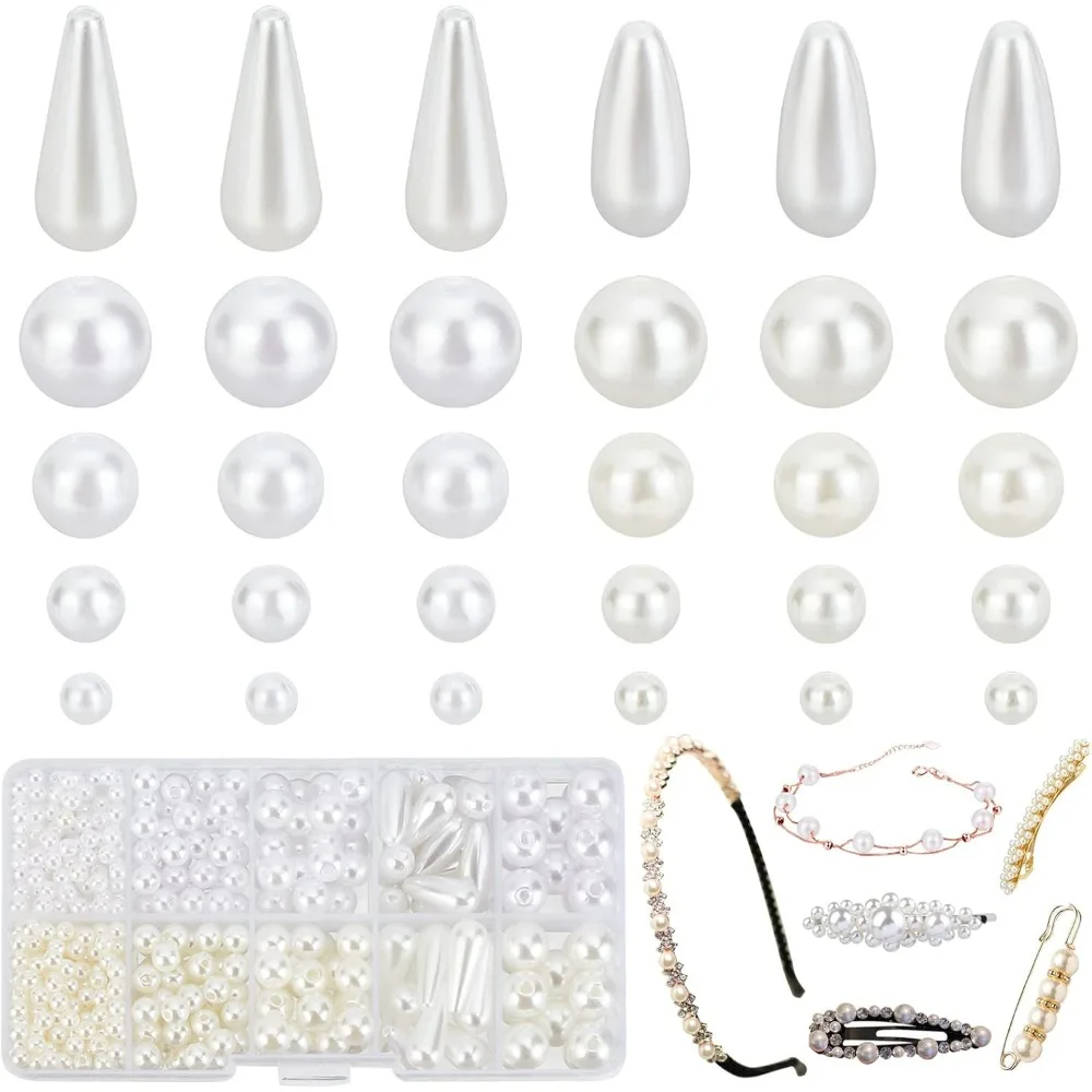 706pcs Pearl Beads 2 Style White Loose Pearls 4/6/8/10mm Round Teardrop Faux Pearl Beads Loose Spacer Beads with Hole