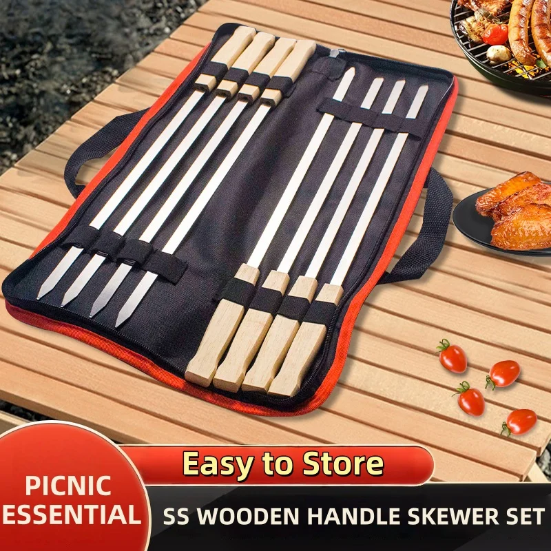 6/8 Stück Kabab Koobideh Spieße, 43,2 cm, Edelstahl, Grillspieß, wiederverwendbare Grillspieße, flacher Stab mit Holzgriff