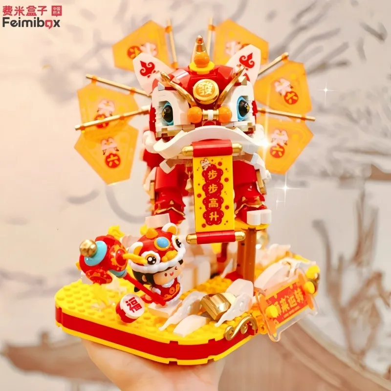 Feimibox Lion Dance Building Blocks Assemblaggio 3D Blocchi di mattoni Bambini Splicing Giocattoli Decorazione domestica creativa Modello di azione Regalo