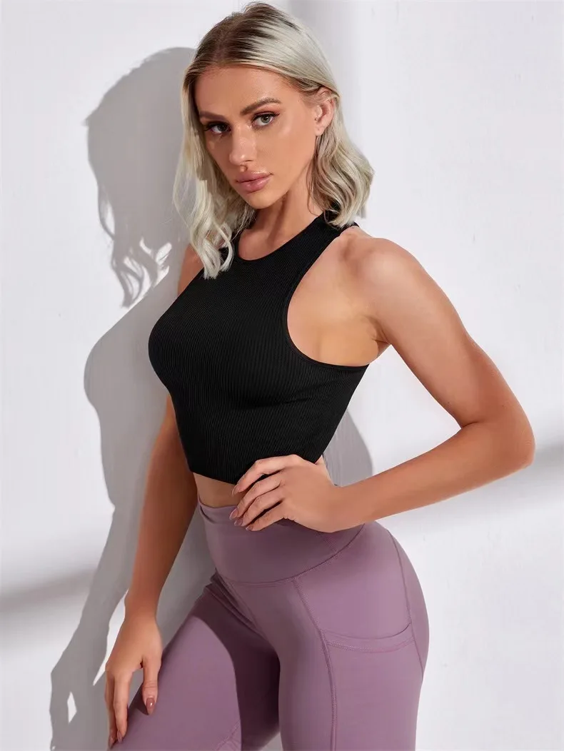 3 Piece Yoga Vest Women Gym Sports Black White Crop Tops Seamless Streetwear Rib Knit Workout BreathableTank Top Female