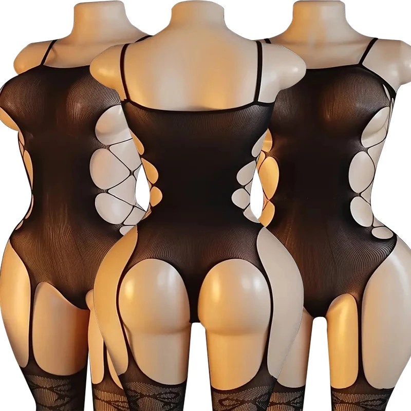 Sexy Sling Shoulders Bodysuits Erotic Crotchless Lingerie Mesh See Through Bodystockings Big Fishnet Hollow Teddies Body Suits