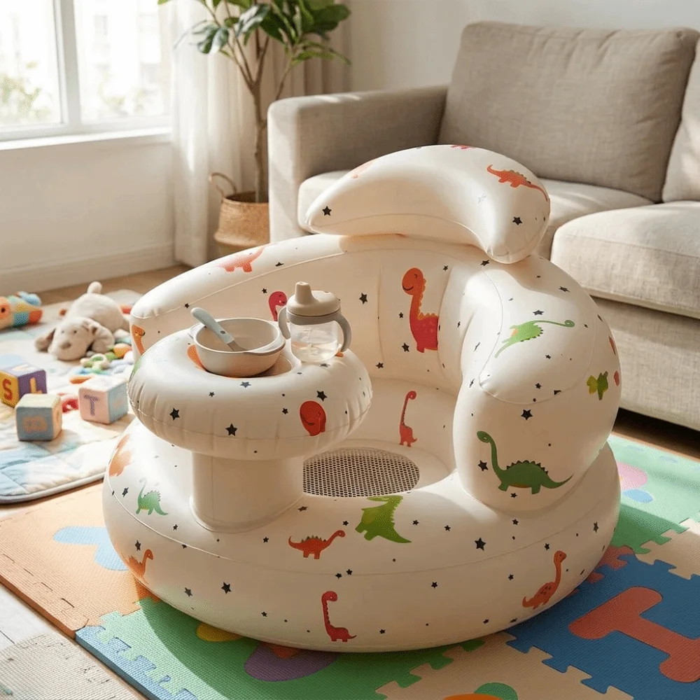 Detachable Tray Inflatable Baby Seat Built-In Pump Dinosaur Pattern Portable Baby Chair 3-36 Months Lightweight Baby Sofa