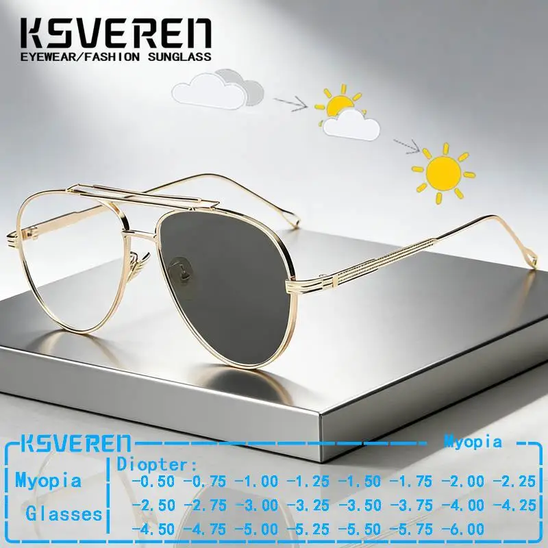 

Metal Pilot Photochromic Myopia Glasses Men Designer Finished Prescription Nearsighted Eyewear Outdoor Sun Discolor Eyewear